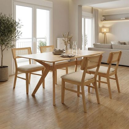 Raffles 5-piece table and chair set, rubber wood with natural polyrattan 150x90x76cm