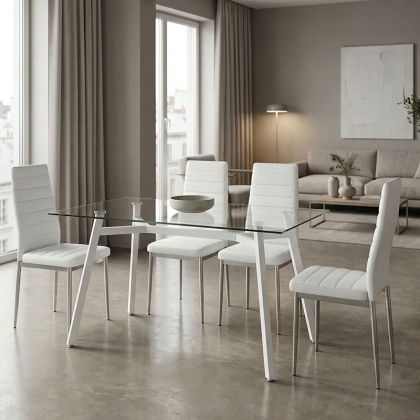 Table set with white Parker chairs and Titta glass table 120x70x75cm, set of 5 pieces