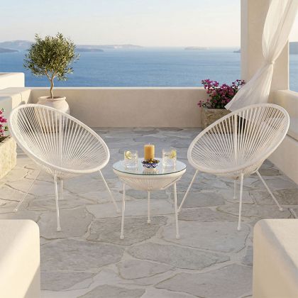 Set of 3 Acapulco garden chairs, white metal frame with PE rattan, dimensions 50x52 cm