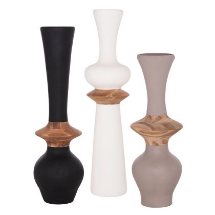 Set of 3 decorative floor vases Nebula HM21139.02 fiber cement - teak wood