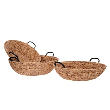 Set of 3 water hyacinth baskets with black handles 55x16cm, 50X14CM, 45X12CM