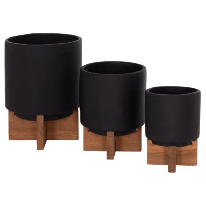 Set of 3 pots/vases with teak bases Tanti HM4685.01 fiber cement in black
