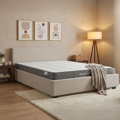 Bed with mattress and storage space Norse-Dreamer fabric ecru 160x200cm