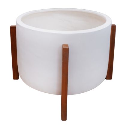 Hoff HM4682.02L fiber cement flowerpot in white color - teak wood base Φ50X35HCM