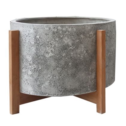 Саксия Hoff HM4682.03L от фиброцимент в сиво - основа от тиково дърво Φ50X35HCM