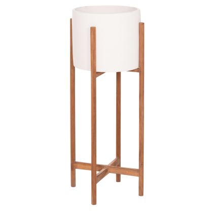 Flower pot Rentil HM4684.02L fiber cement in white color - teak base Φ27X66HCM