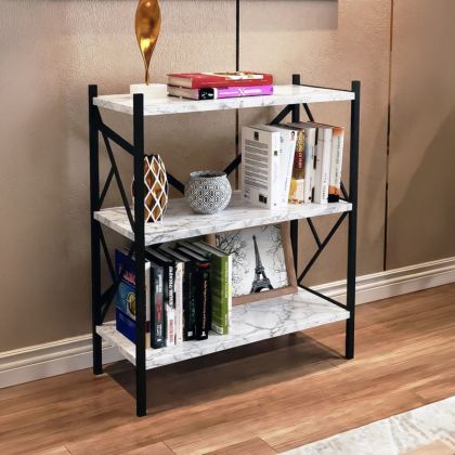 Althea freestanding shelf, white marble with black metal, 60x30x90 cm