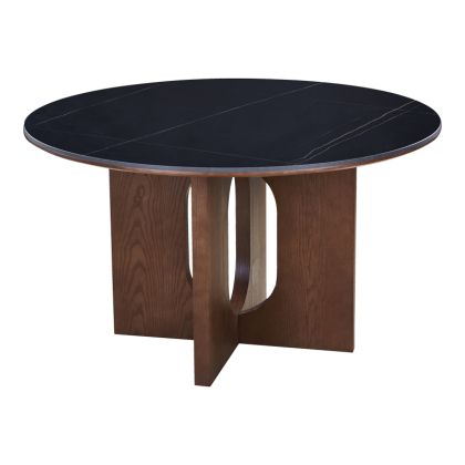 Dining table Merge sintered stone-MDF in black marble color - walnut base D130x75cm