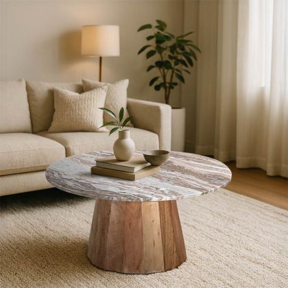 Coffee table Ezerdian solid acacia wood in natural color and marble top Diameter 90x45 cm