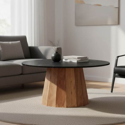 Coffee table Ezerdian solid acacia wood in natural color and black marble top Diameter 90x45 cm