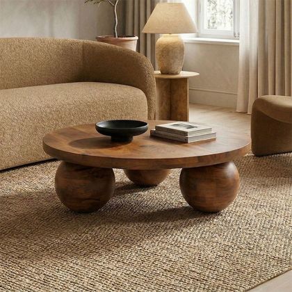 Coffee table Fedena solid mango wood, walnut, diameter 90x30 cm