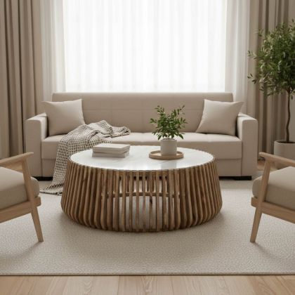 Mable coffee table made of mango wood in natural color and marble surface D120x45cm