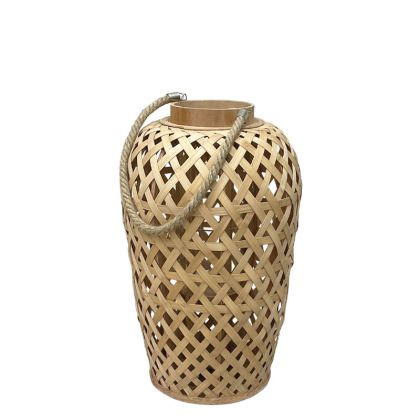 Bamboo woven lantern natural brown with rope handle and candle glass - Φ29X49CM 4/KIB