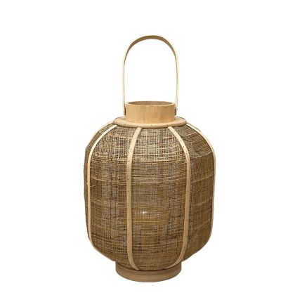 Bamboo lantern fine weave natural brown cylindrical with handle and glass for candle - Φ28X36CM 12/KIB