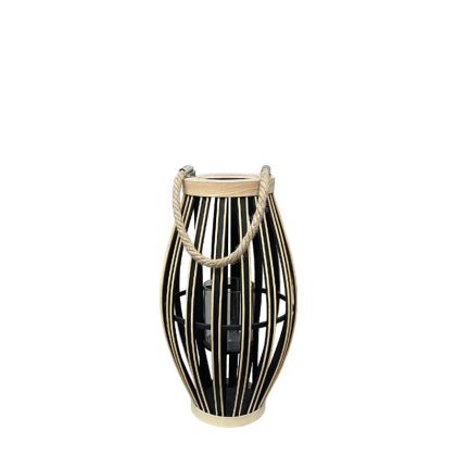 Bamboo lantern black/brown oval with rope handle and candle glass - Φ25.5X46CM 12/KIB