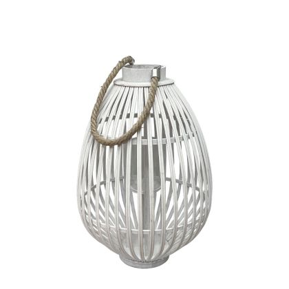 White bamboo woven egg lantern with rope handle and candle glass - Φ33X49CM 6/KIB