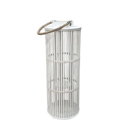 White bamboo woven lantern cylindrical "cage" type with rope handle and candle glass - Φ24X66CM 8/KIB