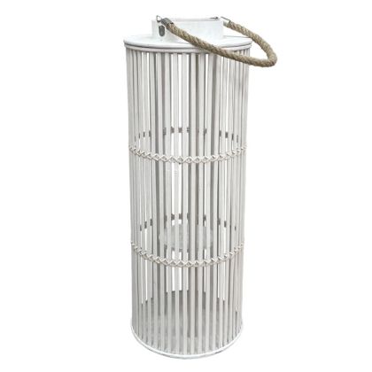 White bamboo woven lantern cylindrical "cage" type with rope handle and glass for candle - Φ28X77CM 6/KIB