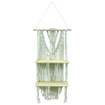 Decorative macrame wall shelf on 2 levels cream cotton thread on wood with fringe - 45X120CM 60/KIB