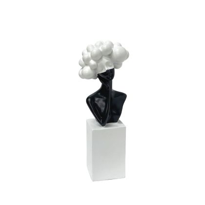 Decorative polyresin statuette white/black girl with white pompoms for hair - 7X5X21CM 36/KIB