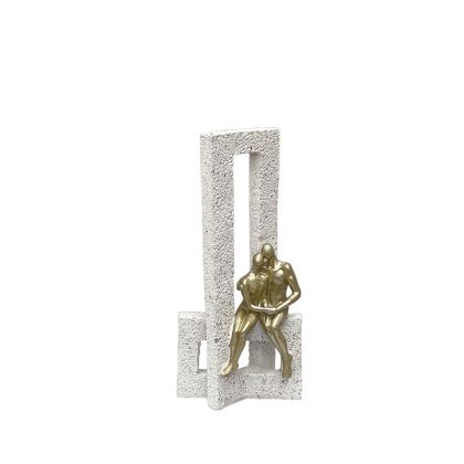 Decorative polyresin statuette cream/gold - couple in a rectangle - stone texture - 9.5X5X20CM 48/KIB