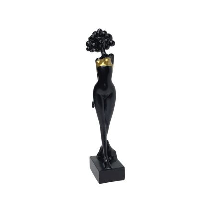 Decorative polyresin statuette black/gold girl standing with pompom hair - 8X6X31CM 24/KIB