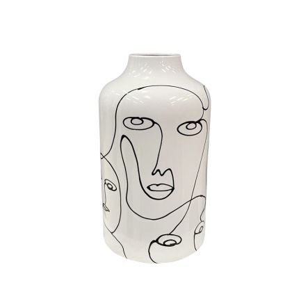 Ceramic vase white/black cylindrical - minimalist design with faces - Φ15.5X27.5CM 12/KIB