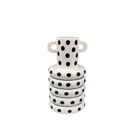 Ceramic vase with black and white polka dot rings and small handles on the neck - 21.5X10.5CM 36/KIB