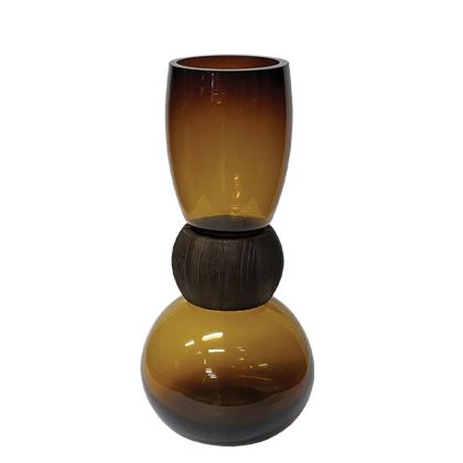 Amber/brown curved glass vase with wooden ring in the middle - Φ16X33CM 12/KIB