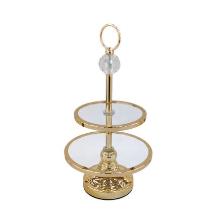 Metal tray gold/white with 2 trays, round straight with crystal and glass - Φ23X43CM 12/BOX
