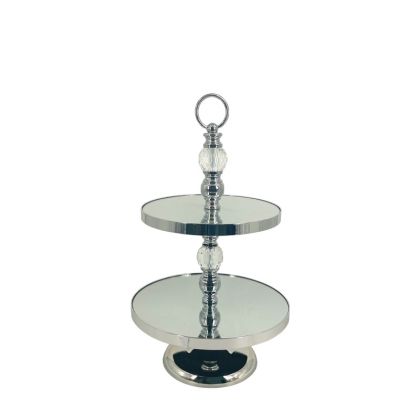 Metal silver/white round tray on 2 levels with crystals and mirror - Φ30X50CM 6/BOX