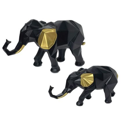 Elephant figurines set of 2 black with gold ears polygonal - L:26X8X16, S:23X7X11CM 12/KIB