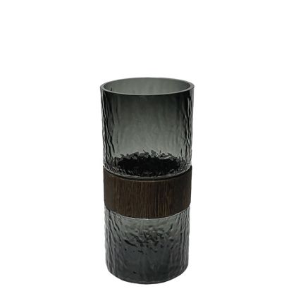 Glass vase black/brown straight with wooden ring in the middle - Φ11X25CM 24/KIB
