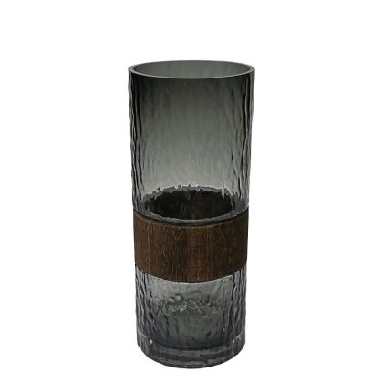 Glass vase black/brown straight with wooden ring in the middle - Φ11X30CM 15/KIB