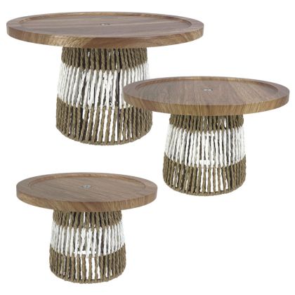 Trays natural brown/white set of 3 wooden with wicker base - L:Φ35X21, M:Φ30X18, S:Φ25X16.5CM 10/KIB