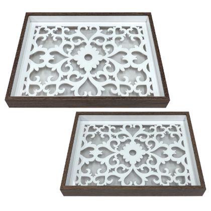 Trays made of Mdf and glass set of 2 pieces brown/white with wood carving Moroccan style rectangular - L:40X30, S:34X24CM 12/KIB