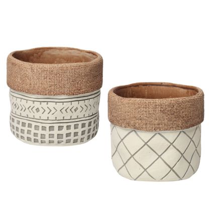 Cement flower pot (2 assorted designs) beige embossed geometric elements - Φ17X15CM 2/8BOX