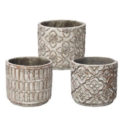 Cement flower pot (3 assorted designs) beige embossed motif - Φ14X12.3CM 3/12BOX