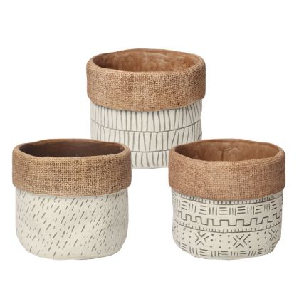 Cement flower pot (3 assorted designs) beige embossed geometric elements - Φ14X12.3CM 3/12BOX