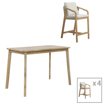 Bravo-luciana 5-piece table and chair set, solid acacia wood and beige fabric, 130X70X90 cm