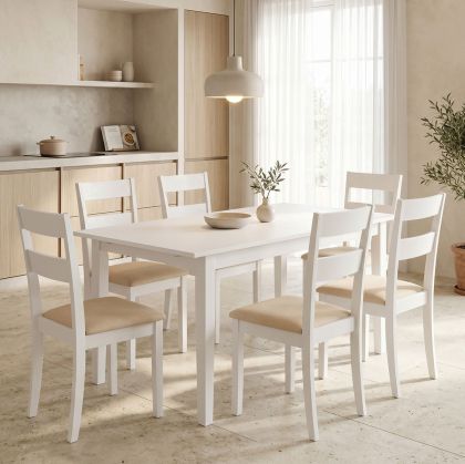 Комплект маса и столове Dallan Mabor 7 части бяло каучуково дърво 120-150x80x73.8 см