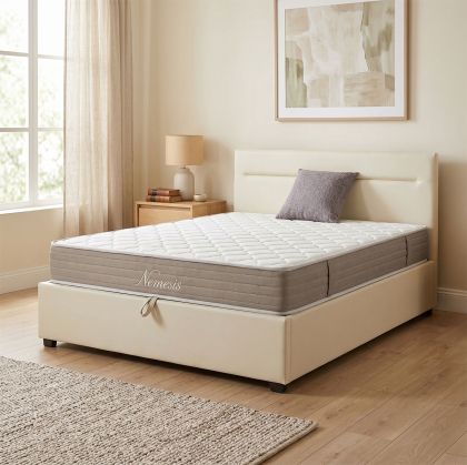 Bed with mattress and storage space Molito-Nemesis velvet ecru 150x200cm