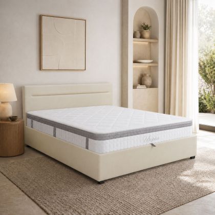 Bed with mattress and storage space Molito-Utopia velvet ecru 150x200cm