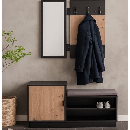 LECO (Port Mando) hallway furniture with mirror and shoe rack, black-sonoma color