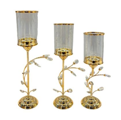 Metal candlestick S/3 - glass, golden 12X12X53CM / 12X12X47CM / 12X12X43CM