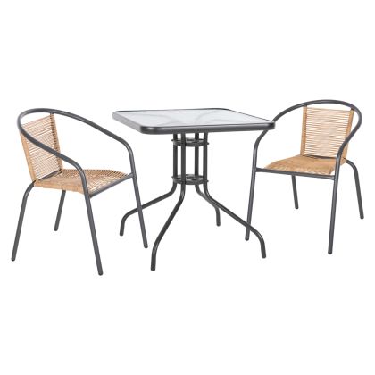 Garden table and chairs set of 3 Figo HM10878.02 metal in Grey-pe rattan in natural color