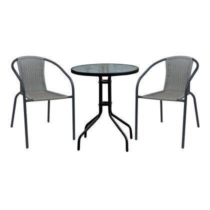 Garden set BALENO-W table + 2 armchairs, black painted metal, knitted fabric, mix of gray