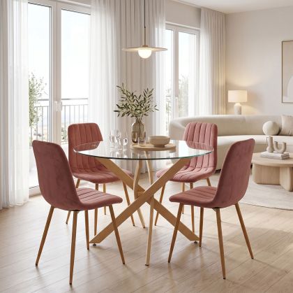 Noor Dusty Rose table and chairs set and Antoro glass table D100x75 cm, set of 5 pieces