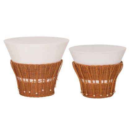 Set of 2 coffee tables Perral HM21138.02 fiber cement in white - natural rattan decoration