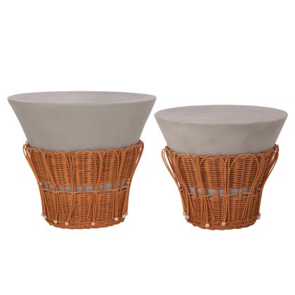 Set of 2 coffee tables Perral HM21138.03 fiber cement in gray - natural rattan decoration